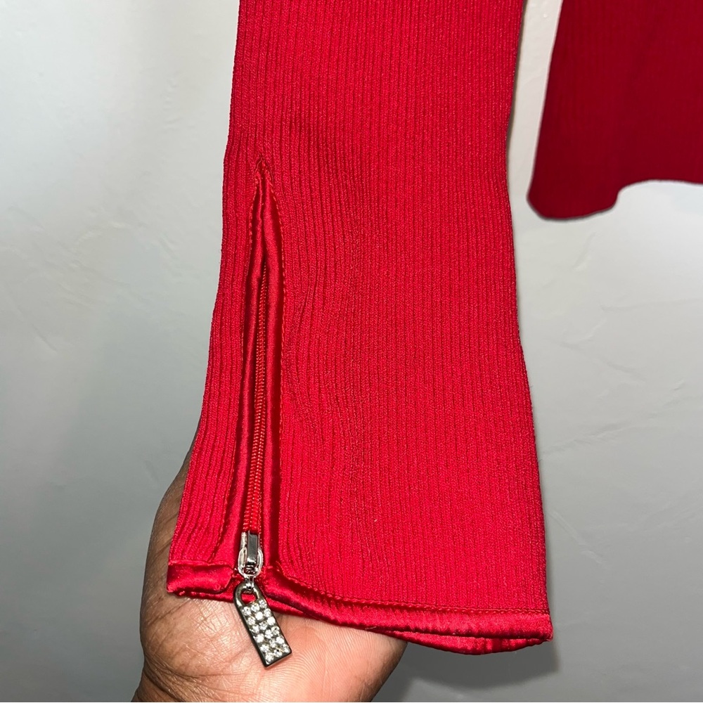 Cache Red Asymmetrical Zip Ribbed Knit Sweater - Picture 4 of 10